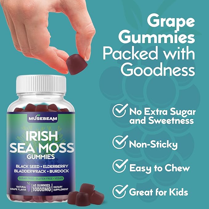 Irish Sea Moss Gummies 10000mg - with Black Seed Elderberry Bladderwrack Burdock Turmeric Omega-3 Vitamins C D3 Zinc - Seamoss Supplements for Adults Women Men - Sugar-Free Gluten Free Vegan