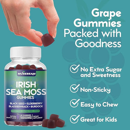 Irish Sea Moss Gummies 10000mg - with Black Seed Elderberry Bladderwrack Burdock Turmeric Omega-3 Vitamins C D3 Zinc - Seamoss Supplements for Adults Women Men - Sugar-Free Gluten Free Vegan