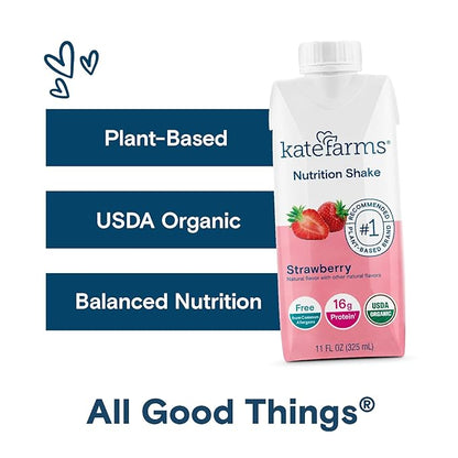 KATE FARMS Organic Nutrition Shake, Strawberry, 16g protein, 27 Vitamins 11 oz (12 Pack)