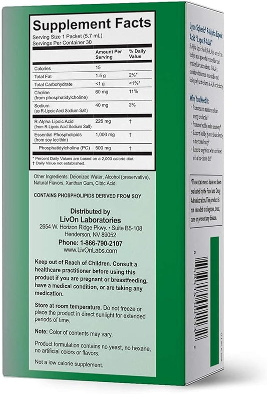 LivOn Laboratories Lypo-Spheric R-Alpha Lipoic Acid 30 Packets 226mg Per 100% Non-GMO