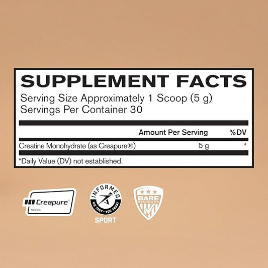 BARE PERFORMANCE NUTRITION, BPN Pure Creatine Monohydrate Powder by Creapure, 5g of Creatine per Serving, Supports Muscle Growth, Unflavored Creatine Powder, 30 Servings