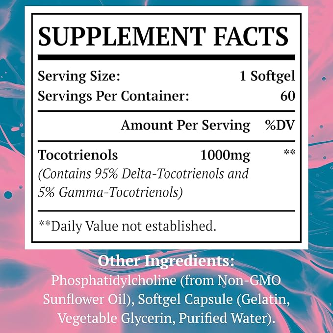 Liposomal Tocotrienols Supplement 1000mg, Vitamin E, 95% Delta-tocotrienols, 5% Gamma-tocotrienols 60 Softgels （2 Bottle）