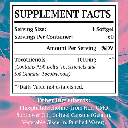 Liposomal Tocotrienols Supplement 1000mg, Vitamin E, 95% Delta-tocotrienols, 5% Gamma-tocotrienols 60 Softgels （2 Bottle）
