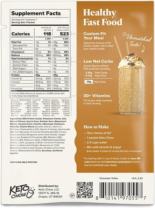 Keto Chow Chocolate Toffee | Keto Meal Replacement Shake | Nutritionally Complete | Low Carb | Delicious Easy Meal Substitute | You Choose The Fat | 21 Meal Bulk Pack