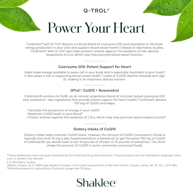 CoQHeart® with Q-Trol®: Energy Support for Heart Health - Coenzyme Q10 and Resveratrol Blend - Facilitates Energy Production and Blood Vessel Health - Protects Arteries - 30 Softgels