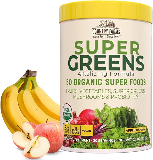 COUNTRY FARMS Super Greens Apple Banana 50 Organic 20 Servings, 10.6 Oz