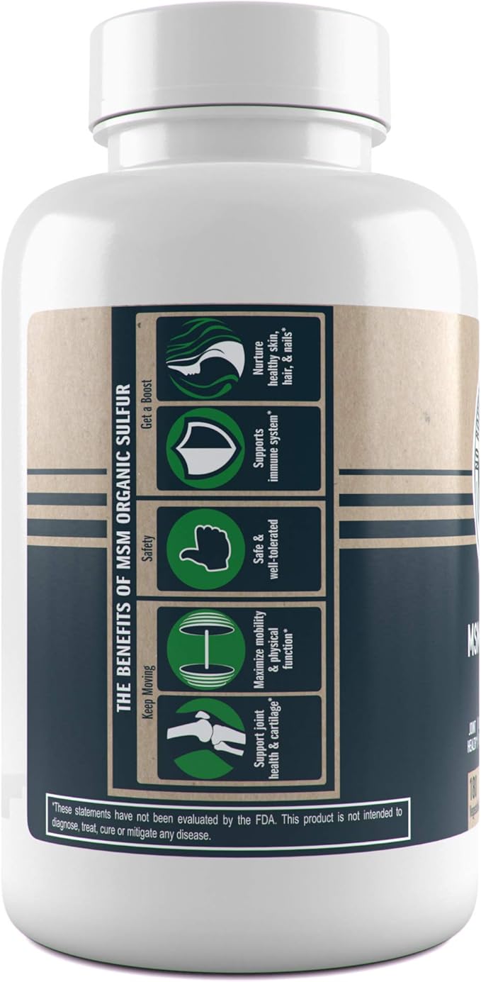 500mg MSM Organic Sulfur Capsules by 180 Vegetable 99.9% Pure