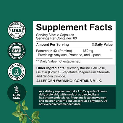 Pancreatin Digestive Enzymes for Digestive Health - Pancreatic Enzymes for Humans with Fat Carb and Protein Digestive Enzymes for Women and Men - Protease Amylase & Lipase Enzymes for Digestion -120ct