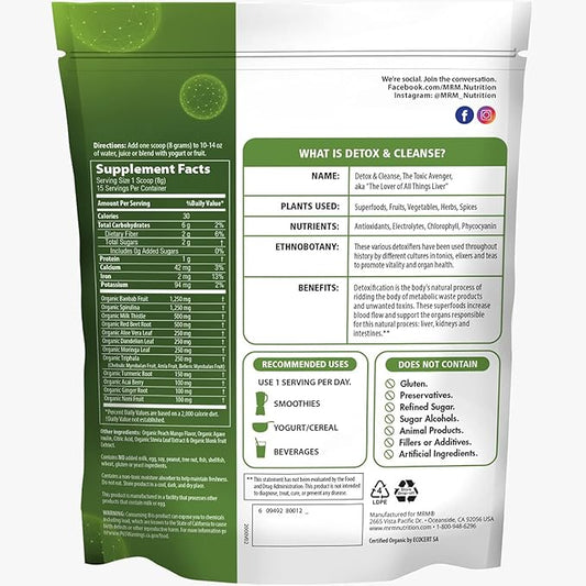 MRM Nutrition Organic Detox and Cleanse Powder | Peach Mango Flavored | Gentle Daily Detox | Superfoods | Antioxidants + Chlorophyll + Phycocyanin + Electrolytes | 15 Servings