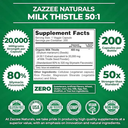 Zazzee Organic Milk Thistle 50:1 Extract, 20,000 mg 200 Vegan 80% Silymarin 6 Month 50X Extract,