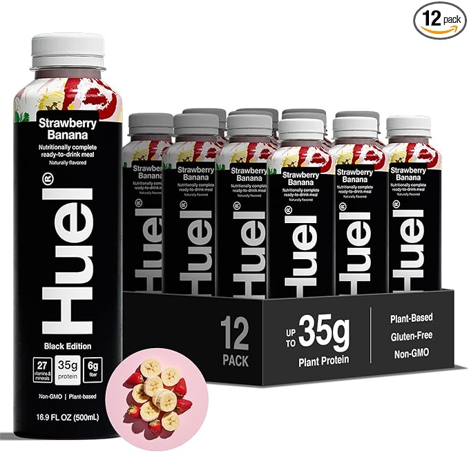 Huel Black Edition Ready-to-Drink | Strawberry Banana Meal Replacement Shake | 35g High Protein Drink | 27 Vitamins & Minerals, Vegan, Gluten Free | Plant Based | Low Sugar | 16.9 Fl Oz, 12 Pack