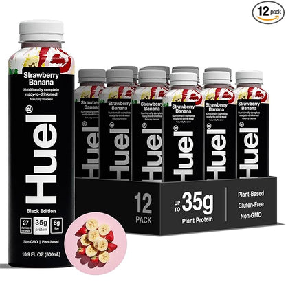 Huel Black Edition Ready-to-Drink | Strawberry Banana Meal Replacement Shake | 35g High Protein Drink | 27 Vitamins & Minerals, Vegan, Gluten Free | Plant Based | Low Sugar | 16.9 Fl Oz, 12 Pack