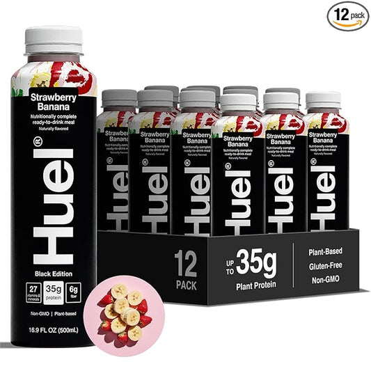 Huel Black Edition Ready-to-Drink | Strawberry Banana Meal Replacement Shake | 35g High Protein Drink | 27 Vitamins & Minerals, Vegan, Gluten Free | Plant Based | Low Sugar | 16.9 Fl Oz, 12 Pack