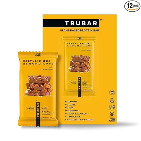 TRUBAR Vegan Protein Bar, Saltylicious Almond Love, Gluten Free, Plant Based, High Fiber, Dairy Free, Low Fat, Non GMO, No Sugar Alcohols, 12G Lean Protein, 13G Fiber, Healthy Snack Bars, 12 CT