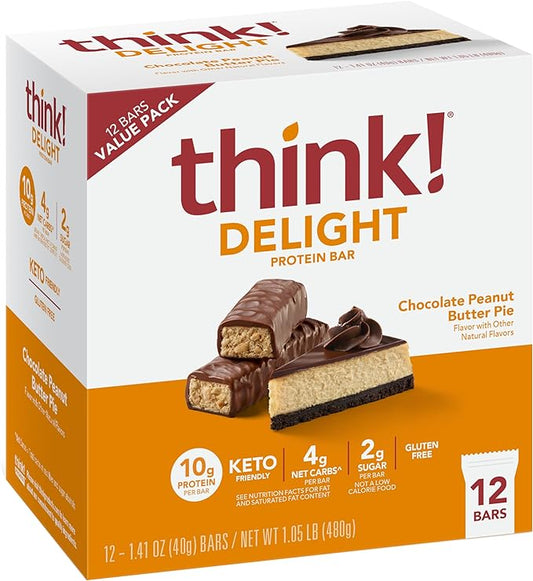 think! Delight Protein Bars, Gluten Free Snack - Chocolate Peanut Butter Pie, 12 Count (Packaging May Vary)