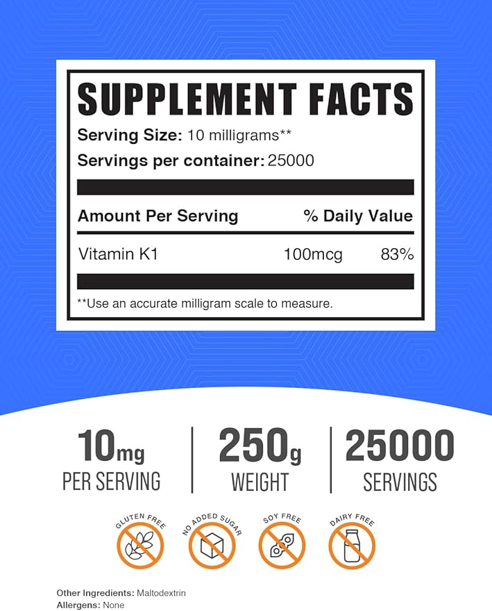 BulkSupplements.com Vitamin K1 (1%) Powder - Vitamin K1 100 mcg - Vitamin K Supplement - Dry Vitamin K - Vitamin K Supplements - Vitamin K1 for Dogs (250 Grams - 8.8 oz)