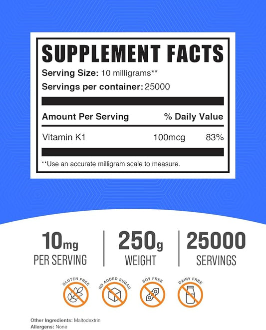 BulkSupplements.com Vitamin K1 (1%) Powder - Vitamin K1 100 mcg - Vitamin K Supplement - Dry Vitamin K - Vitamin K Supplements - Vitamin K1 for Dogs (250 Grams - 8.8 oz)