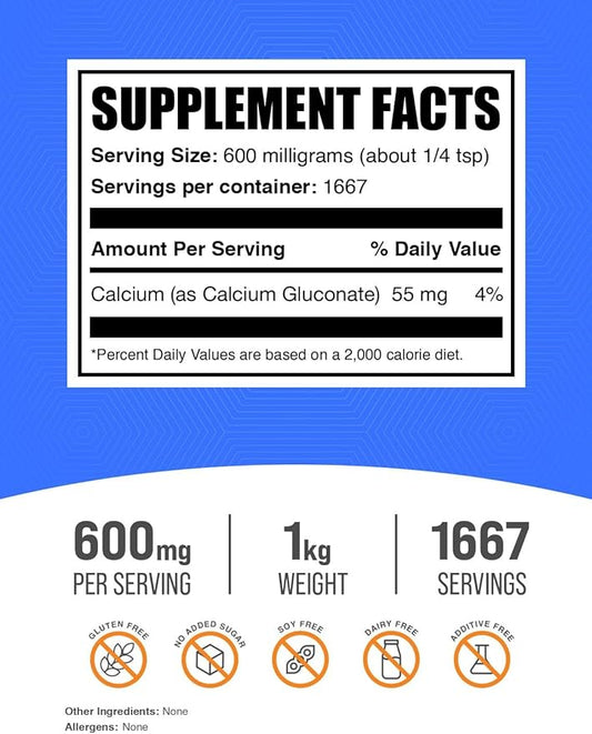 BulkSupplements.com Calcium Gluconate Powder - Calcium Powder Supplement, Calcium Gluconate Supplement - Gluten Free, 600mg (55mg Calcium) per Serving, 1kg (2.2 lbs) (Pack of 1)