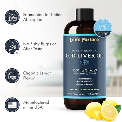 Life's Fortune Cod Liver Oil Liquid 1000 mg Omega-3s + D3 - (16 Oz)