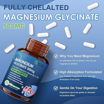 Magnesium Glycinate 500mg, Chelated Magnesium D3 for 120 Capsules