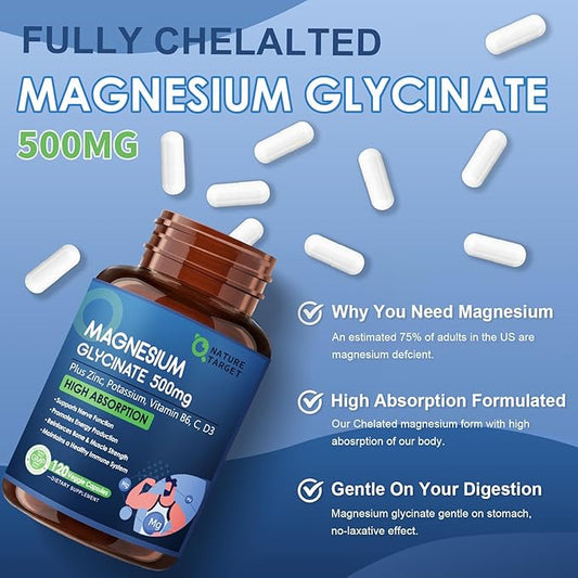 Magnesium Glycinate 500mg, Chelated Magnesium D3 for 120 Capsules