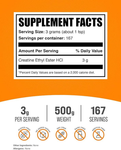 BulkSupplements.com Creatine Ethyl Ester HCl Powder - Creatine Supplement, Creatine Ethyl Ester Powder - Unflavored & Gluten Free, 3g per Serving, 500g (1.1 lbs) (Pack of 1)