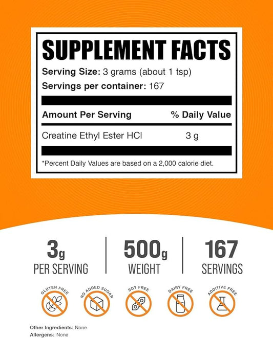 BulkSupplements.com Creatine Ethyl Ester HCl Powder - Creatine Supplement, Creatine Ethyl Ester Powder - Unflavored & Gluten Free, 3g per Serving, 500g (1.1 lbs) (Pack of 1)