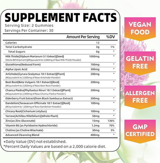 Liver Cleanse Detox & Repair Gummies with Milk Thistle 3000mg, 24-in-1 Liver Health Supplement with Dandelion, Artichoke, Sugar Free Liver Detox Gummies, Pineapple Flavor - 120 Count