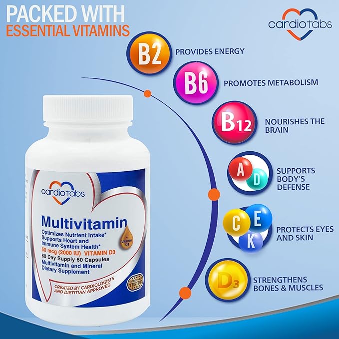 Multivitamin - Heart and Immunity Supplements 2000 IU D3, 60-Count 60-Count Bottle