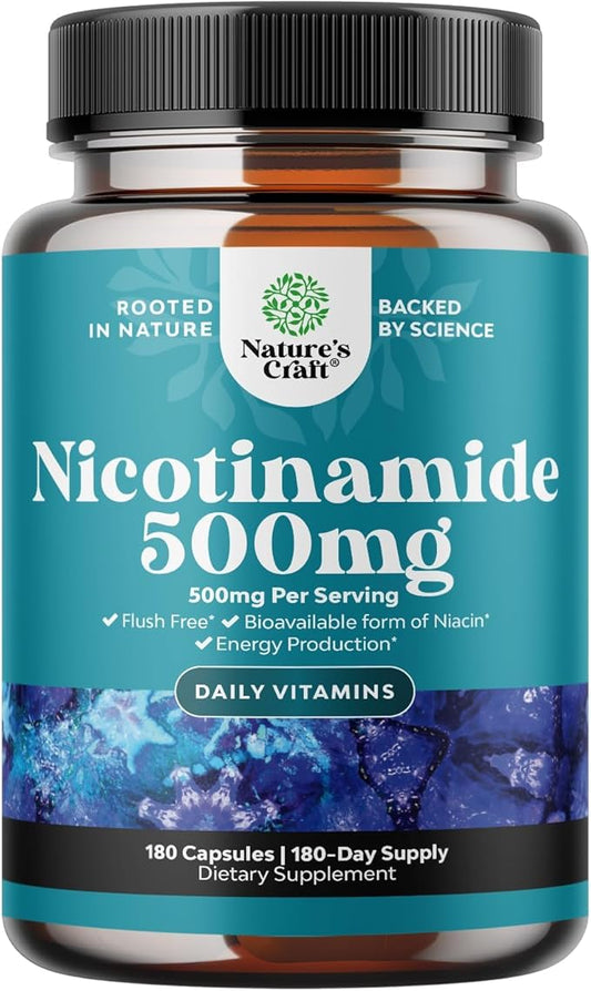 Vitamin B3 Niacinamide 500mg Capsules B3 Niacin 500mg Flush 500mg - 180 Count