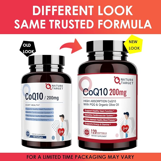 NATURE TARGET CoQ10-200mg-Softgels + PQQ with Organic-Olive-Oil Absorption-Coenzyme-Q10 - 120 Servings