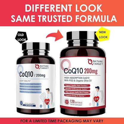 NATURE TARGET CoQ10-200mg-Softgels + PQQ with Organic-Olive-Oil Absorption-Coenzyme-Q10 - 120 Servings