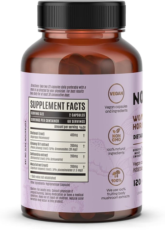 Woman Hormo Balance, Shatavari for PMS, Schisandra, Maca and Ginseng, adaptogenic Roots, Mushroom Extract for Women's Health, 120 Capsules