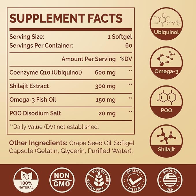 Ubiquinol CoQ10 600 MG Softgels Omega-3 & Coenzyme-Q10, Active CoQ10 Ubiquinol 60 Servings