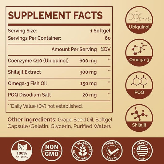 Ubiquinol CoQ10 600 MG Softgels Omega-3 & Coenzyme-Q10, Active CoQ10 Ubiquinol 60 Servings