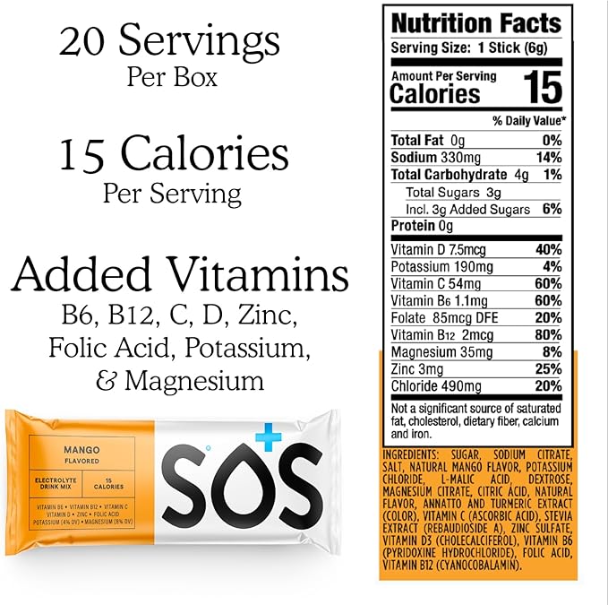 SOS Hydration Electrolyte Powder Drink Packets; Daily Hydration & Energy; Added Essential Vitamins; Low Sugar: Mango, 24 Sticks