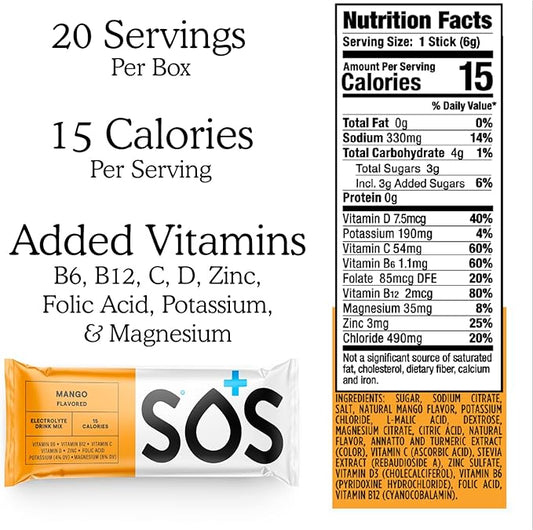 SOS Hydration Electrolyte Powder Drink Packets; Daily Hydration & Energy; Added Essential Vitamins; Low Sugar: Mango, 24 Sticks