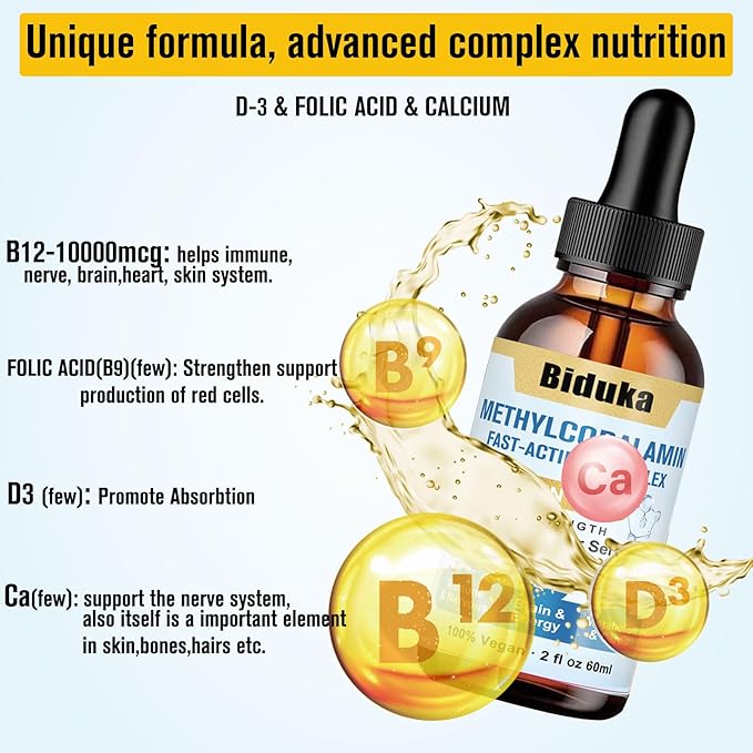10,000mcg Vitamin B12 Sublingual Liquid Drops, D3, B9(Folic B9(Folic Acid),
