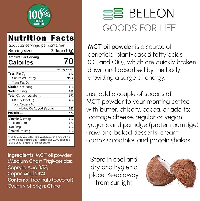 MCT Oil Powder 8 oz - Prebiotic Nutritional Supplements for Coffee Creamer, Quickly Fuel for Body and Brain