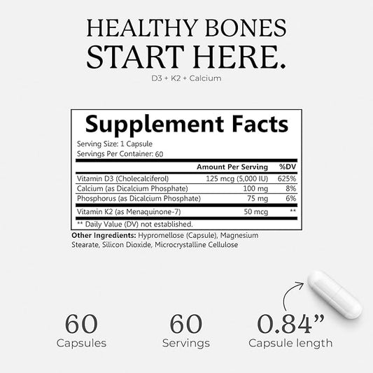 Vitamin D3 K2 D3 5000 5000 IU K2 as MK-7, Calcium, 60 Vegcaps, 60 Day
