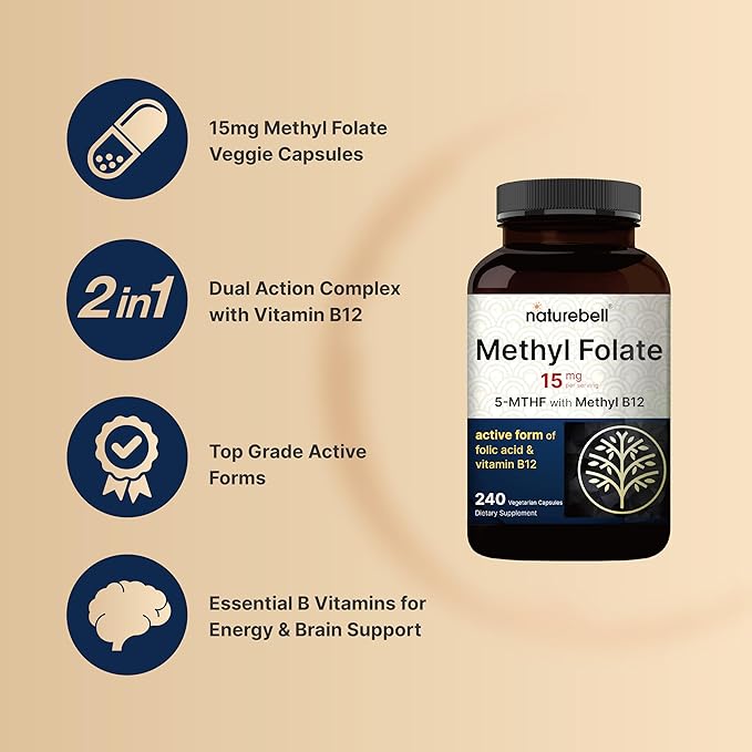 NatureBell L Methylfolate 15mg, 240 Veggie Capsules 5-MTHF with B12 1,000mcg 1,000mcg |