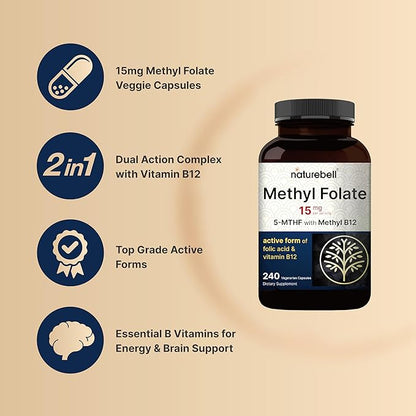 NatureBell L Methylfolate 15mg, 240 Veggie Capsules 5-MTHF with B12 1,000mcg 1,000mcg |