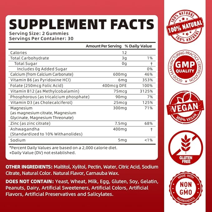 Calcium Magnesium Zinc Gummies for Women, 600 mg D3 for 60 Gummies