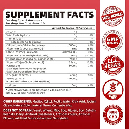 Calcium Magnesium Zinc Gummies for Women, 600 mg D3 for 60 Gummies