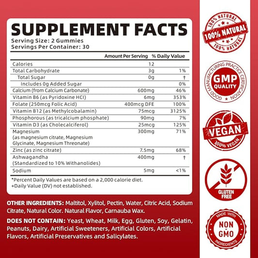 Calcium Magnesium Zinc Gummies for Women, 600 mg D3 for 60 Gummies