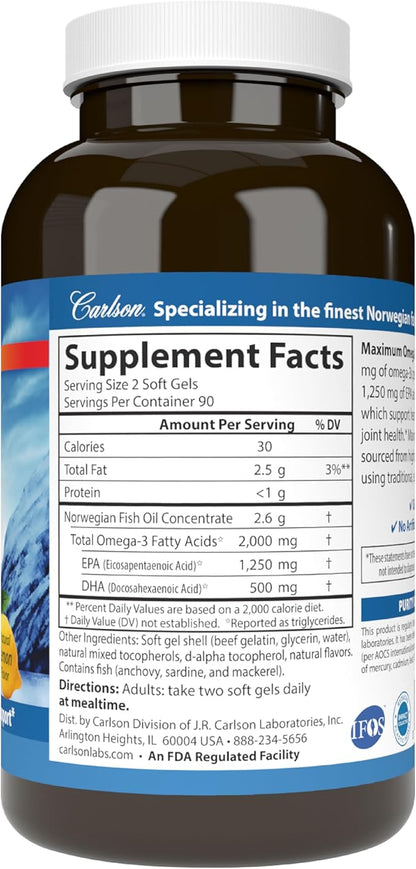 Carlson - Maximum Omega 2000, 2000 Omega-3 Fatty 180 Softgels