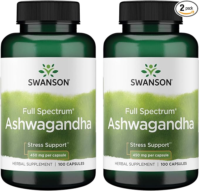Swanson Ashwagandha Powder Supplement-Ashwagandha Root Supplement (100 Capsules, 450mg Each) 2 Pack