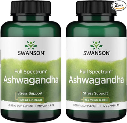 Swanson Ashwagandha Powder Supplement-Ashwagandha Root Supplement (100 Capsules, 450mg Each) 2 Pack