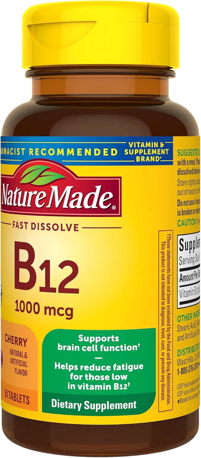 Nature Made Vitamin B12 1000 mcg, Easy to Take Sublingual B12 for Energy Metabolism Support, 50 Sugar Free Fast Dissolve Tablets, 50 Day Supply