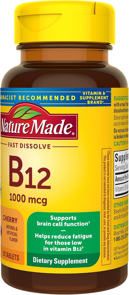 Nature Made Vitamin B12 1000 mcg, Easy to Take Sublingual B12 for Energy Metabolism Support, 50 Sugar Free Fast Dissolve Tablets, 50 Day Supply